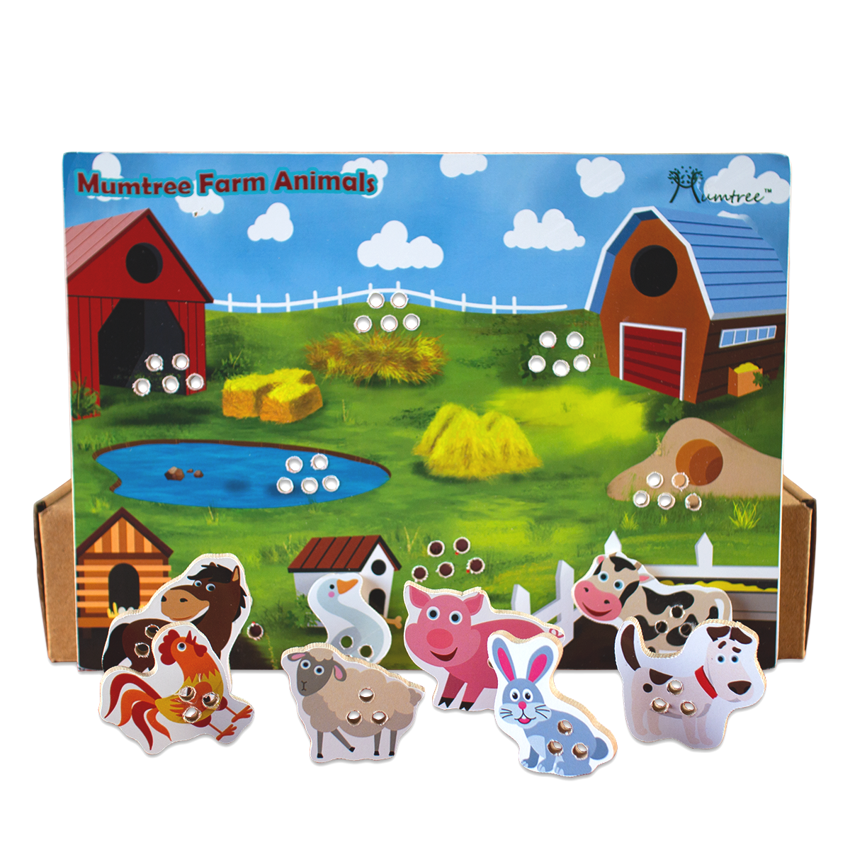 Mumtree Farm Animals Sew Habitat image: Unique Lace & Sew wooden board resembling a Farm habitat, allowing kids to create their own Farm Animals House.