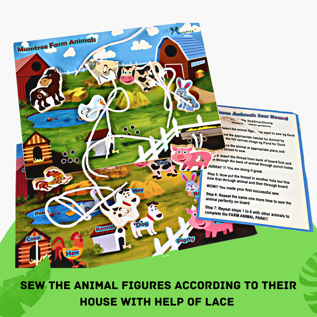 Mumtree Farm Animals Sew Habitat image: "Wooden board with animals figures sewn using laces, along with instructions