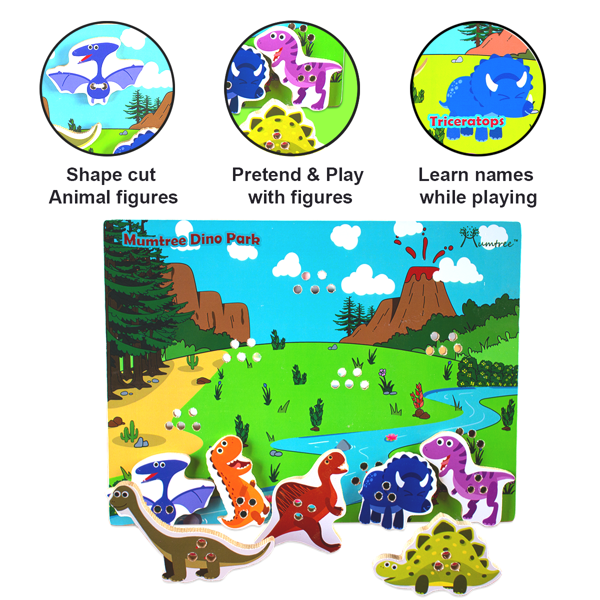 Mumtree Dino Park Sew Habitat image: Includes shape-cut animals and object figures are providing. Kids can pretend and play with these figures for hours. It helps kids in learning the names of animals while playing.