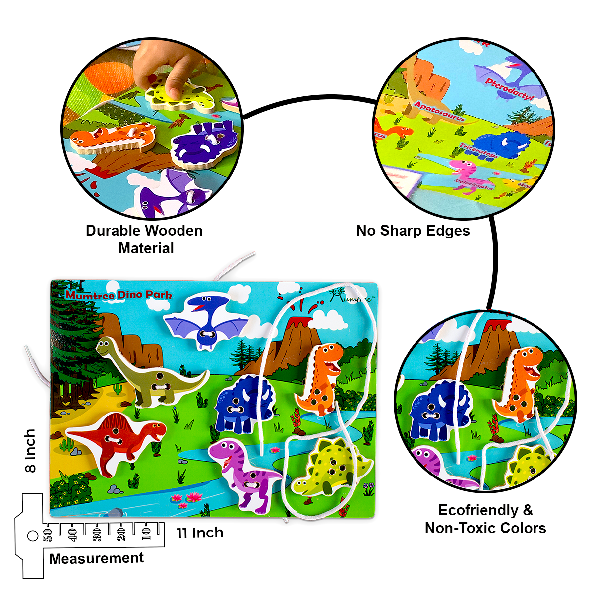 Mumtree Dino Park Sew Habitat image: Includes a 11.5"x8.5" Wooden Sew Board and animal figures made from safe, durable wood. No sharp edges for kids' safety. Eco-friendly, non-toxic colors add to the toy's safety features.