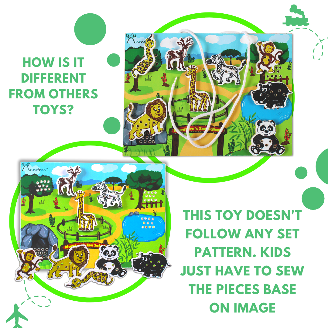 Mumtree Zoo Safari Sew Habitat image: Highlighting the uniqueness of this toy—it stands out by not following a specific pattern. Kids simply need to sew the pieces based on the provided images.