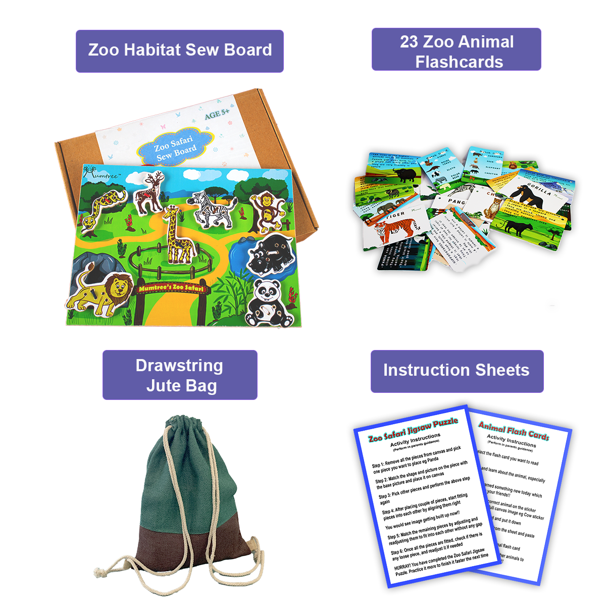 Mumtree Zoo Safari  Sew Habitat image: Features Zoo Habitat Sew Board, 23 Zoo Animal Flashcards, Drawstring Jute Bag, and Instruction Sheet