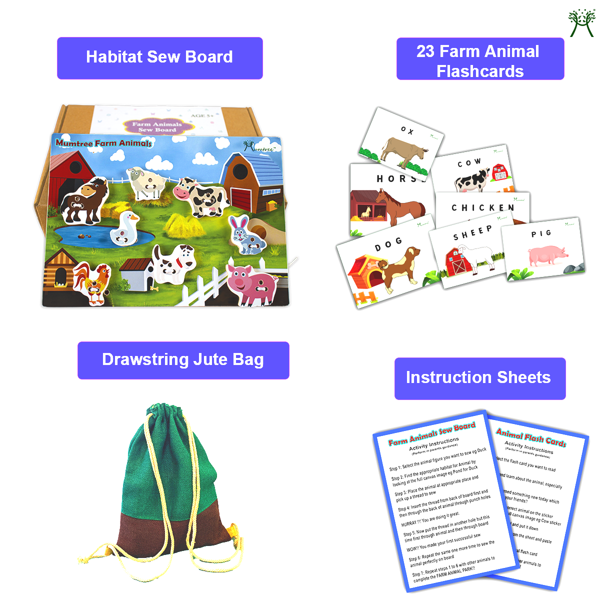 Mumtree Farm Animals Sew Habitat image: Features Zoo Habitat Sew Board, 23 Farm Animal Flashcards, Drawstring Jute Bag, and Instruction Sheet