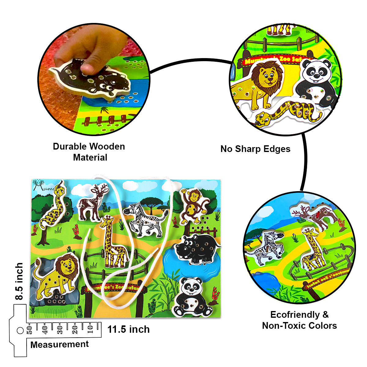 Mumtree Zoo Safari Sew Habitat image: Includes a 11.5"x8.5" Wooden Sew Board and animal figures made from safe, durable wood. No sharp edges for kids' safety. Eco-friendly, non-toxic colors add to the toy's safety features.