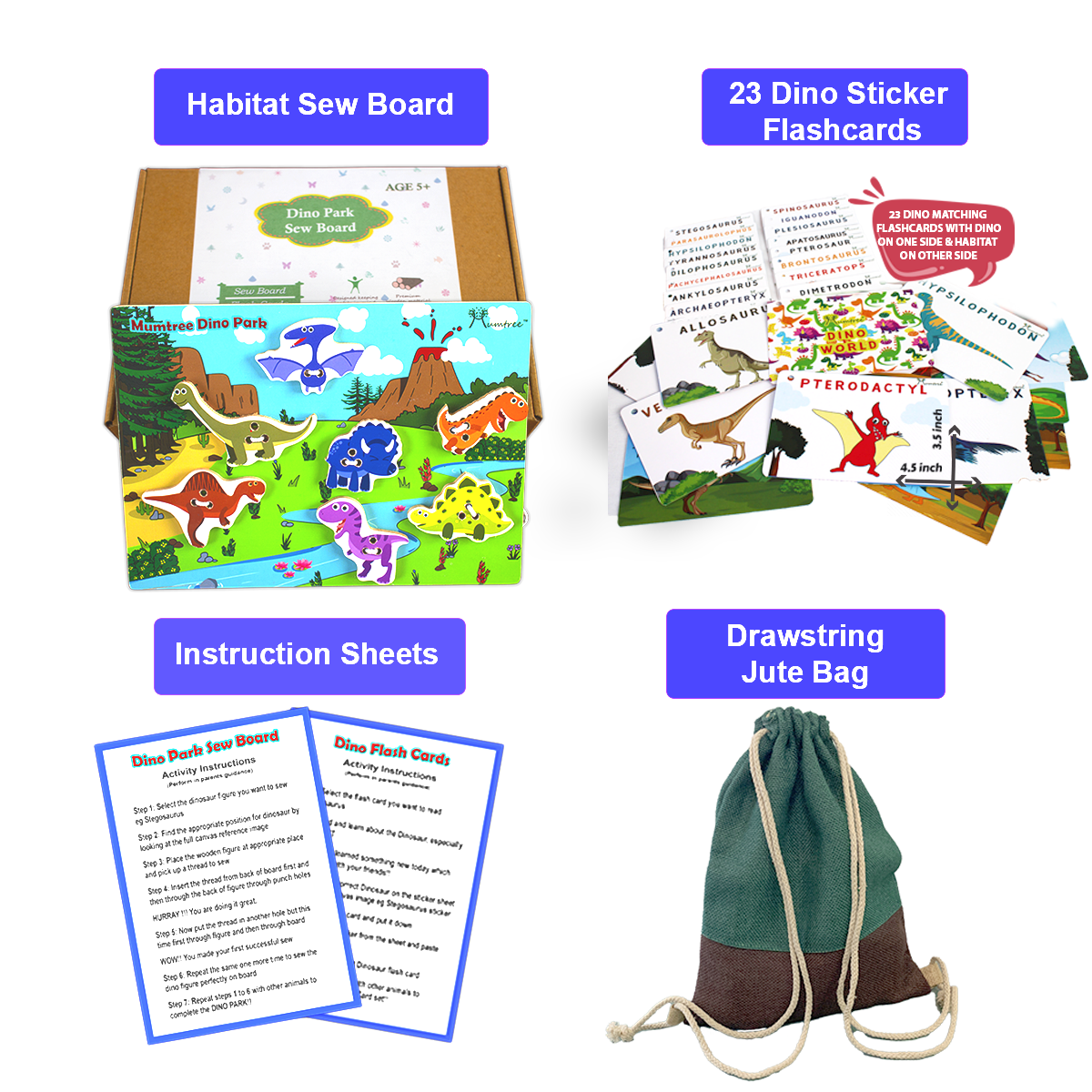 Mumtree Dino Park Sew Habitat image: Features Dino Habitat Sew Board, 23 Zoo Animal Flashcards, Drawstring Jute Bag, and Instruction Sheet