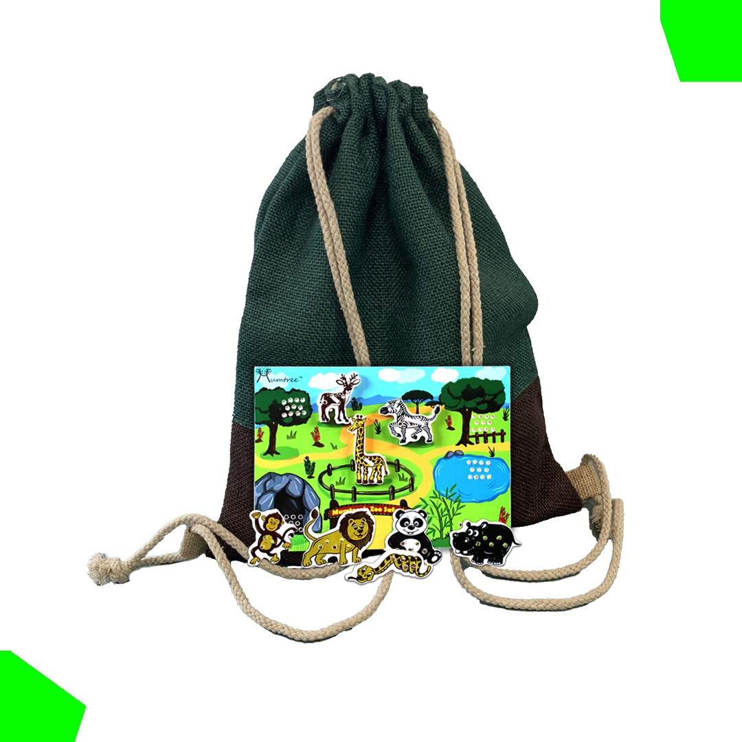 Mumtree Zoo Safari Sew Habitat image : Includes Drawstring Jute Bag, wooden sew  board with 8 animals figure