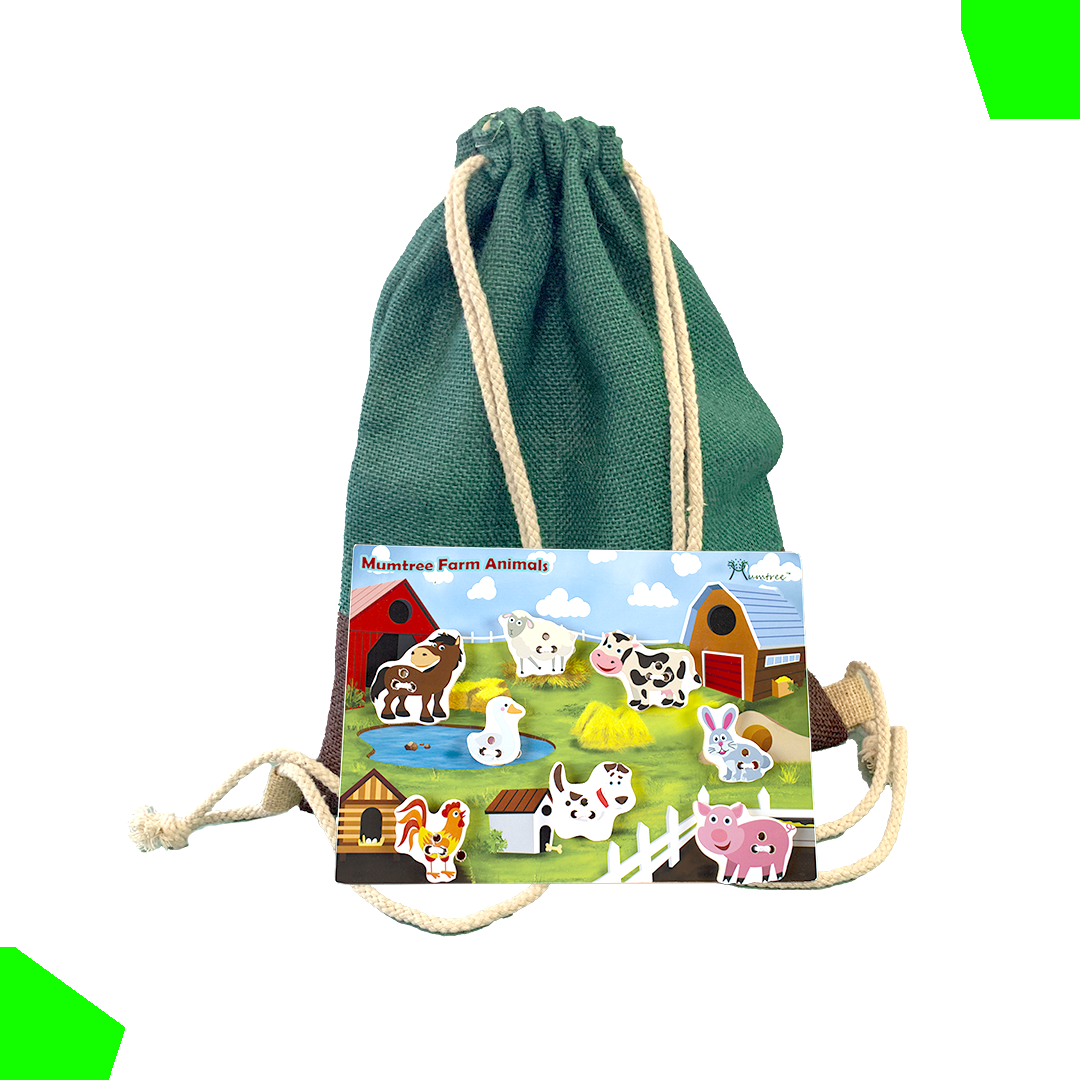 Mumtree Farm Animals Sew Habitat image : Includes Drawstring Jute Bag, wooden sew board with 8 animals figure